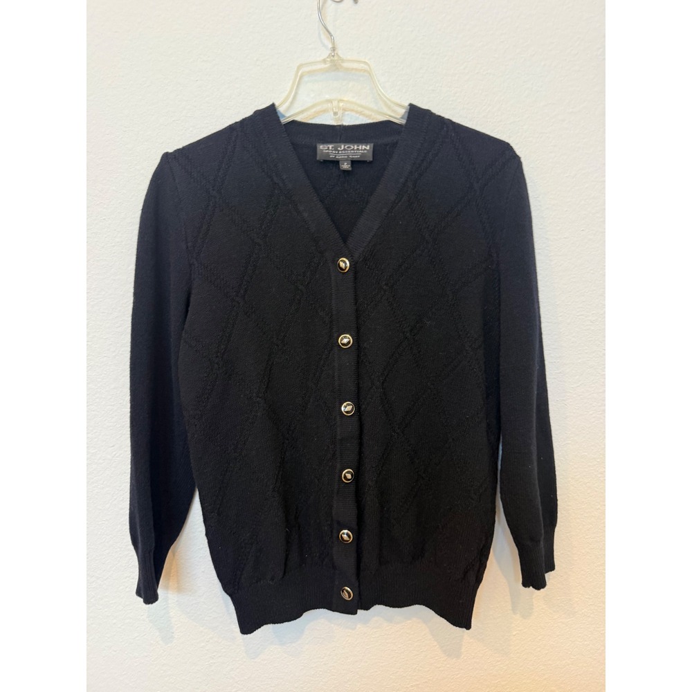 St. John Sport Essentials Black Diamond Knit V-Neck Cardigan Sweater Petite P